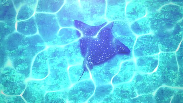 Blue stingray in underwater world, motion promotion, summer and retro style background