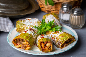 Traditional Turkish dishes; stuffed zucchini (kousa mahshi) meat, Turkish name; Sihil mahsi, kabak dolmasi