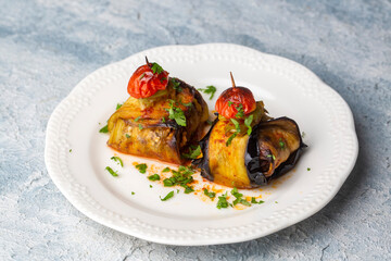 Traditional delicious Turkish food; Kofte kebab wrapped in eggplant (Turkish name; Islim - islim kebabi or kurdan kebabi)