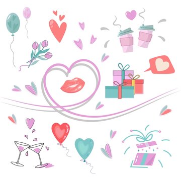 Festive set for birthday, valentine's day, mother's day, etc. Background vector love set elements couple cups coffee gifts hearts love drink balloons tulips lips cute clip-art romantic. Vector flat