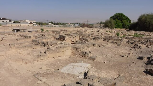 Steadicam shot walking past excavated ruins of Hisham's Palace, a historic landmark in Jericho, in the West Bank

