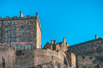 Edinburgh Castle architecture in Scotland, historic landmark for tourism. Neo-gothic structures of...