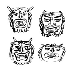 Oni Demon. Four images. Head. Mask. Vector set. Ink sketch, doodle. Japanese tradition, minimalism, sticker, print on fabric, white on black.