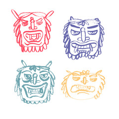 Demon Oni. Four color images. Masks. Vector set. Sketch by hand, doodle, ink style. Japanese tradition, East, Asia, sticker, fabric, postcard.