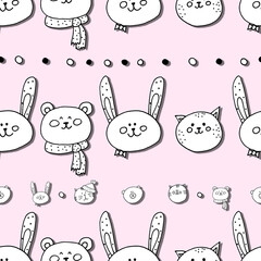 Cute animals characters - seamless pattern with bunny and cat, bear on pink background