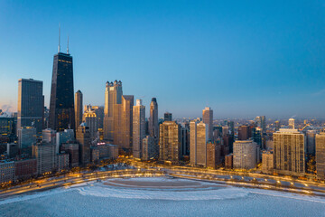 Chicago Winter Aerial View - Frozen Oak Street Beach at Dawn - John Handcock Building