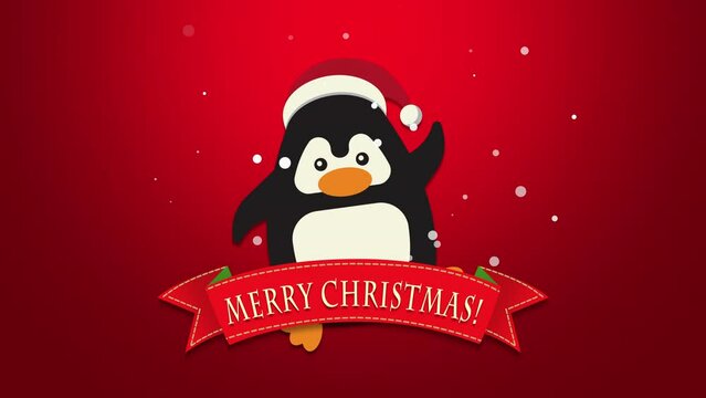 Merry Christmas with funny penguin and snow on red background, motion holidays and winter style background for New Year and Merry Christmas