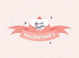 Happy Valentine's day with letter in open pink envelope. Romantic and holiday banner, poster and postcard. Vector illustration in flat design