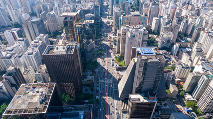 Aerial view of Av. Paulista in S&atilde;o Paulo, SP. Main avenue of the capital. With many radio antennas, commercial and residential buildings. Aerial view of the great city of S&atilde;o Paulo.