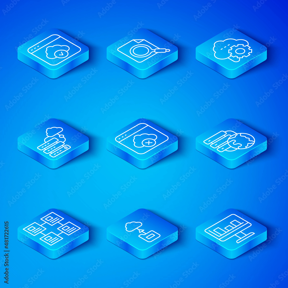 Aufkleber set line hierarchy organogram chart, failed access cloud storage, cloud technology data transfer, ne