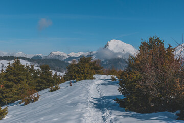 A picturesque landscape view of the snowcapped French Alps mountains with a hiking path in the snow...