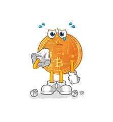 bitcoin cry with a tissue. cartoon mascot vector