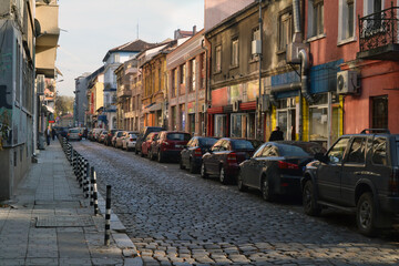 Fototapeta na wymiar Central paved street in Sofia, the capital of Bulgaria.