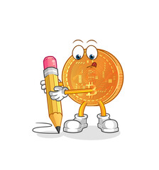 bitcoin write with pencil. cartoon mascot vector