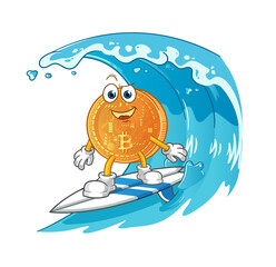 bitcoin surfing character. cartoon mascot vector