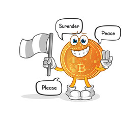 bitcoin hold surrender flag mascot. cartoon vector