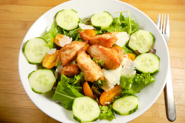 Fresh Salad with grilled cubes of teriyaki Salmon, cheese chunks on bed of spring mix lettuce with cucumber and tomatoes
