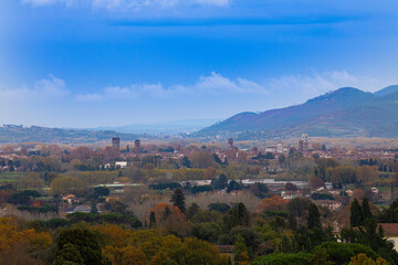 View of the city of Lucca of Italy from the top of the mountain