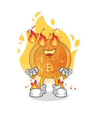 bitcoin on fire mascot. cartoon vector