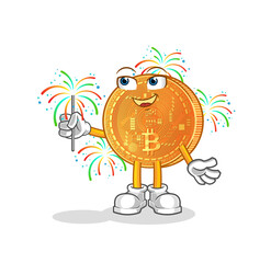 bitcoin with fireworks mascot. cartoon vector