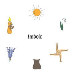 Imbolc symbols set. Pagan theme of the wheel of the year.  Vector 