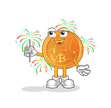 bitcoin character holding sparkler celebrating