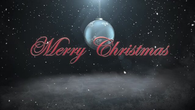 Merry Christmas with silver balls and snowflakes on black background, motion holidays and winter style background for New Year and Merry Christmas