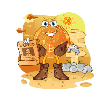 recommend clip art: bitcoin cowboy with wanted paper. cartoon mascot vector