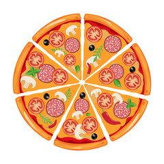 Fresh pizza with tomatoes, mushrooms, olive oil, sausage, pepper, and basil. Traditional Italian fast food. Food with a view to the top. European snack. Isolated white background. The previous illustr