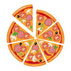 Fresh pizza with tomatoes, mushrooms, olive oil, sausage, pepper, and basil. Traditional Italian fast food. Food with a view to the top. European snack. Isolated white background. The previous illustr