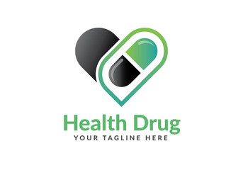 Health Drug Medical healthcare Clinic Hospital Pharmacy Logo. Love heart Pill Capsule Tablet Logo Design vector Template.