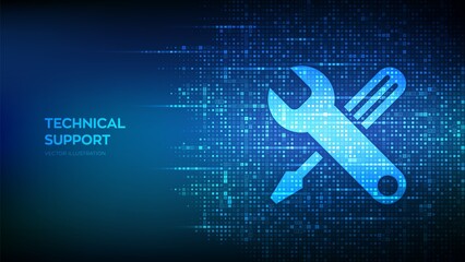 Technical support icon made with binary code. Customer help. Online tech support. Customer service, Business and technology concept. Digital matrix background with digits 1.0. Vector Illustration.