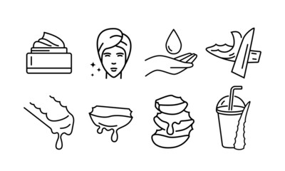 Line icons set of aloe vera slices, aloe juice, cream, gel drop, face care. Design elements for packaging of moisturizer, organic food, beauty salons, eco cosmetics stores. Black outline, vector