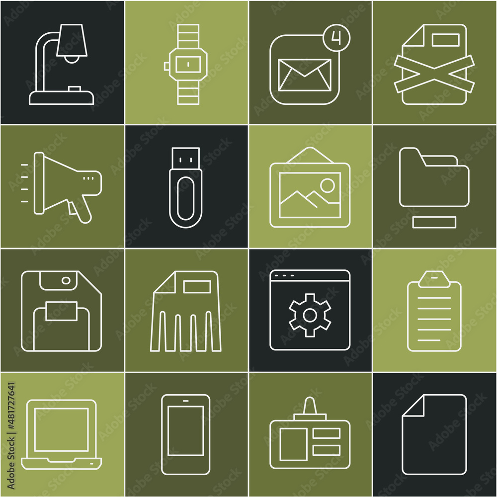 Poster set line file document, to list or planning, document folder, envelope, usb flash drive, megaphone, 