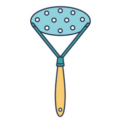 Potato crusher vector icon. Hand-drawn color illustration isolated on white background. Kitchen tool for pressing vegetables, beans. Cutlery with holes. Flat cartoon clipart for decoration, design