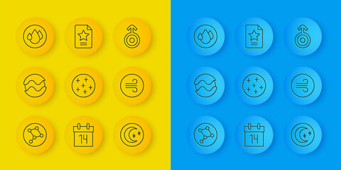 Set line Great Bear constellation, Planet, Full moon, Moon and stars, Windy weather, Water drop, Symbol Uranus and Star zodiac icon. Vector © Vadim