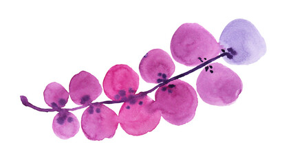 Watercolor pink and purple abstract branch flower with leaves isolated on white background. Creative hand-drawn spring or summer illustration. Clipart for wedding 8 march wrapping wallpaper sticker