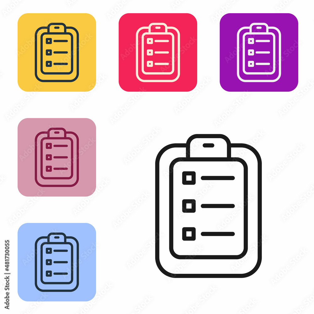 Poster black line to do list or planning icon isolated on white background. set icons in color square butto