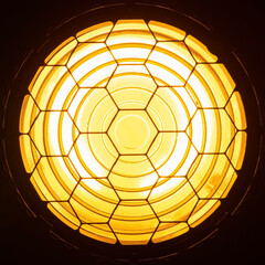 Directional yellow light from Fresnel lens closeup front view
