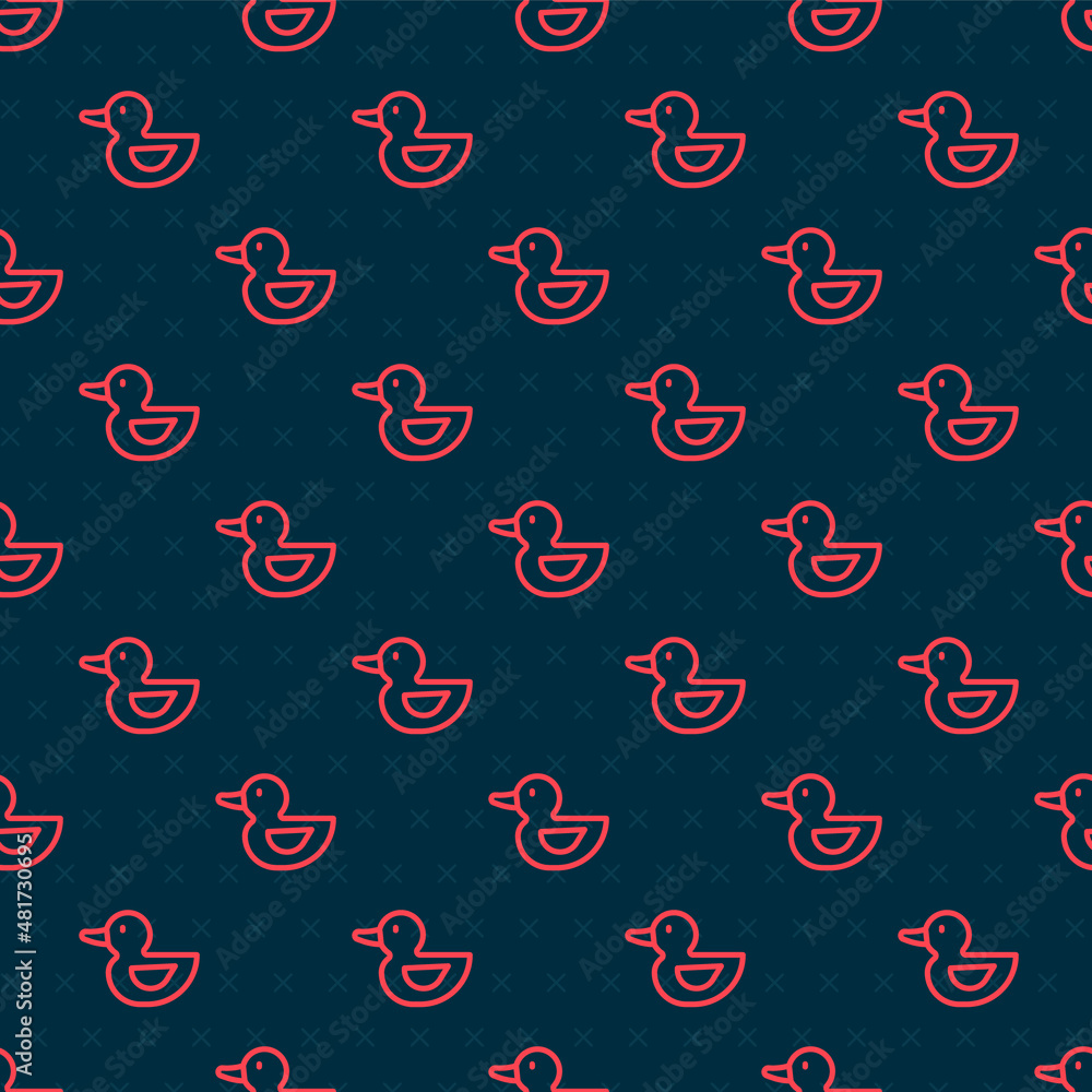 Poster red line rubber duck icon isolated seamless pattern on black background. vector