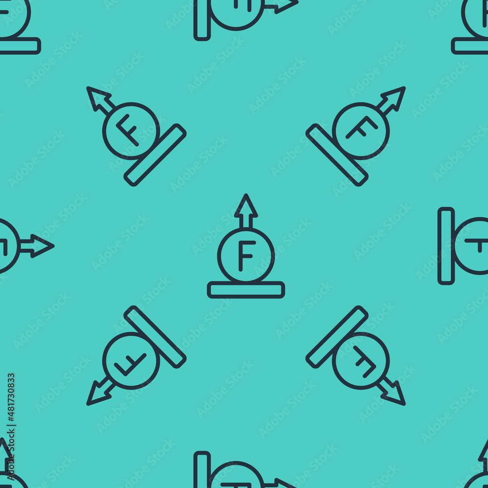 Poster black line force of physic formula calculation icon isolated seamless pattern on green background. v