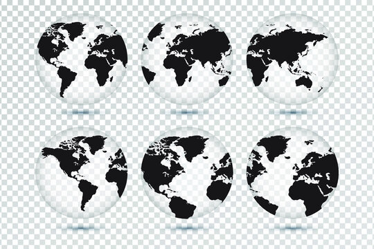 Set of transparent globes of Earth. Realistic world map in globe shape with transparent texture and shadow. Eps10 vector illustration