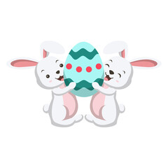 Two funny little white bunny holding an Easter egg