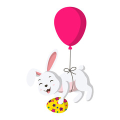 Obraz na płótnie Canvas Cute little white bunny with egg floating on air balloon