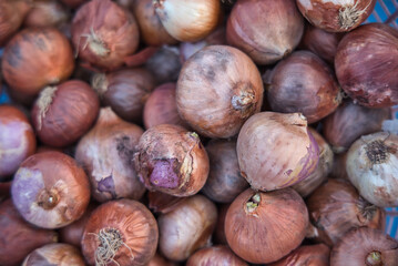 A pile of onions at a market in Hua Hin Thailand stacked and ready for sale. The onions are natural and fresh.