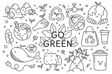 Doodles save nature, the environment and zero waste. Recycling, go green. Whale,planet,eco bag,plants and leaves,water and bottle. Isolated on a white background.
