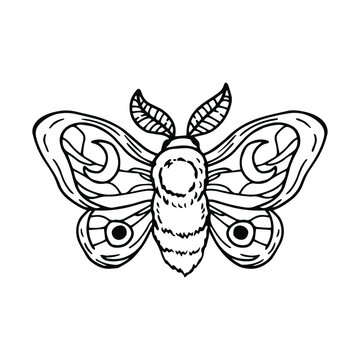Celestial moth with half moon. Mystical butterfly. Hand drawn vector illustration.