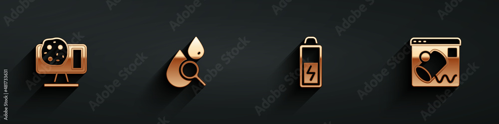 Poster set genetic engineering, drop and magnifying glass, battery and data visualisation icon with long sh
