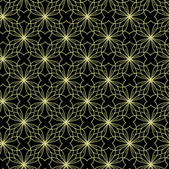 Vintage seamless pattern with gold flowers on black background for textile and paper design.