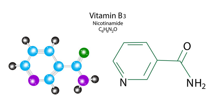 Nicotinamide skeletal formula. Vitamin B3 molecule structure. Chemical compound. Vector illustration. Stock image. 